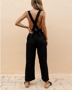 Linen Cross Tie Halter Bow Jumpsuit