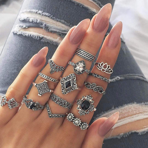 Arealook Bohemian   Retro -Ancient Silver -Lotus Women's New Personality Ring Ring Set 15 Piece   Set