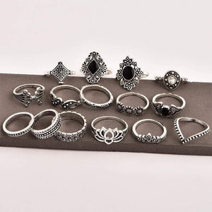 Arealook Bohemian   Retro -Ancient Silver -Lotus Women's New Personality Ring Ring Set 15 Piece   Set