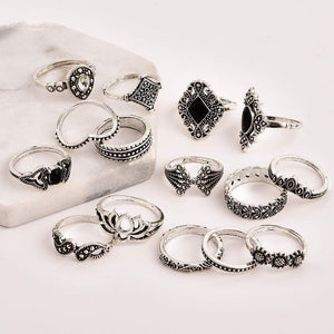 Arealook Bohemian   Retro -Ancient Silver -Lotus Women's New Personality Ring Ring Set 15 Piece   Set