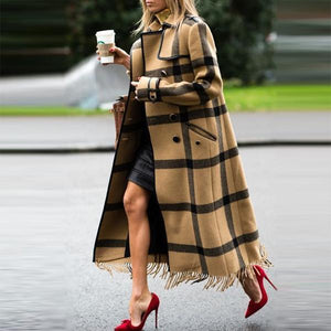 Chic Casual Color Block Plaid Lapel Shoulder Padded Long Coat