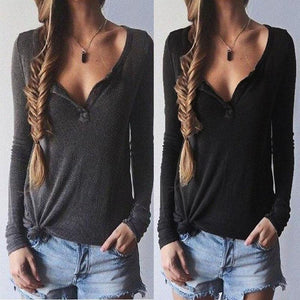 V Neck  Plain Long Sleeve T-Shirts