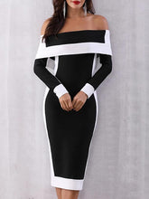 Load image into Gallery viewer, Open Shoulder  Patchwork Slit  Color Block Colouring Bodycon Dress