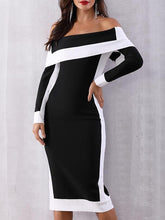 Load image into Gallery viewer, Open Shoulder  Patchwork Slit  Color Block Colouring Bodycon Dress