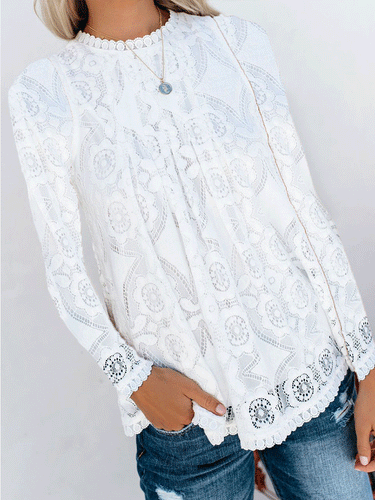 Lace V-Neck Stitching Solid Color Long-Sleeved T-Shirt