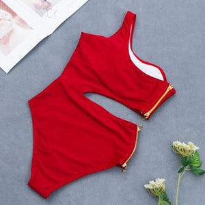 Sexy Contrast Zipper Design One-Shoulder One-Piece Swimsuit