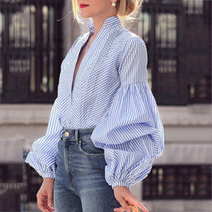 Fashion V-Neck Puff Sleeve Plaid Shirt