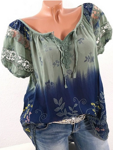 Flower Print V-Neck Short Sleeve T-Shirt