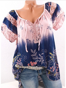 Flower Print V-Neck Short Sleeve T-Shirt