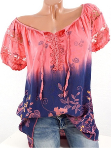 Flower Print V-Neck Short Sleeve T-Shirt