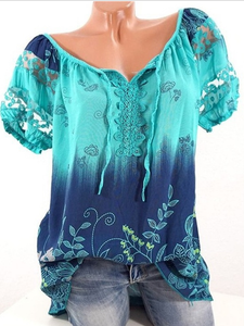 Flower Print V-Neck Short Sleeve T-Shirt