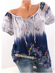 Flower Print V-Neck Short Sleeve T-Shirt