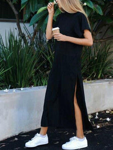 Fashion Round Collar Loose Plain Slit Maxi Dress