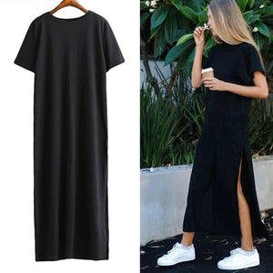 Fashion Round Collar Loose Plain Slit Maxi Dress