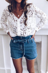 Fashion V-Neck Long Sleeve Pattern Hollow Blouse