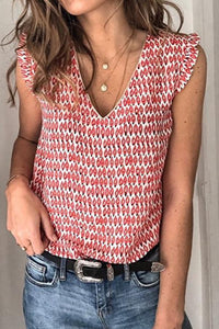 V Neck  Ruffle Trim  Printed  Blouses