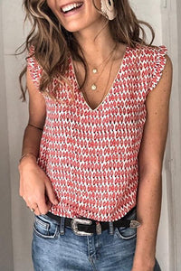 V Neck  Ruffle Trim  Printed  Blouses