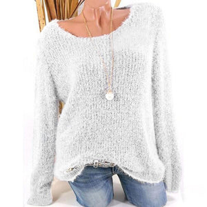 Low Round Collar  Fashion  Plain  Long Sleeve  Knit Pullover