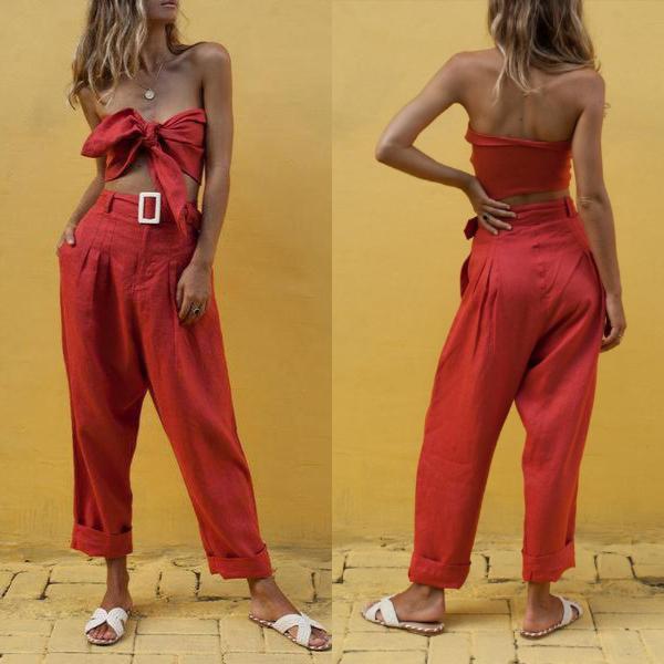 Sexy Wrapped Chest High Waist Trousers Belt Set