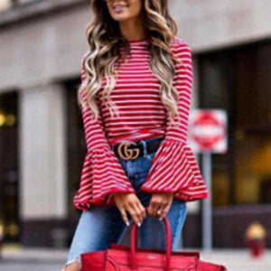 Round Neck  Striped  Bell Sleeve T-Shirts