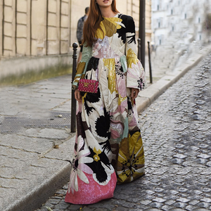 Ethnic Style Long Flare Sleeves Floral Printed Maxi Dress