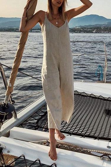 Loose Casual V-Neck Cotton And   Linen Jumpsuit