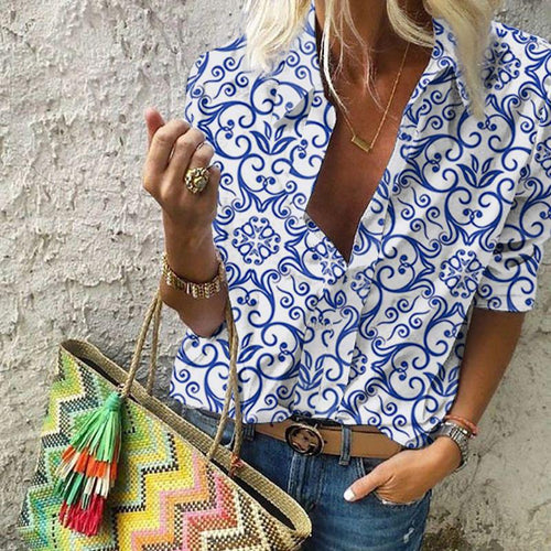 Casual V Neck Half Sleeve Printed Blouse