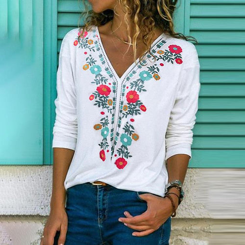 Casual V Neck Long Sleeve Embrodiery T-Shirt