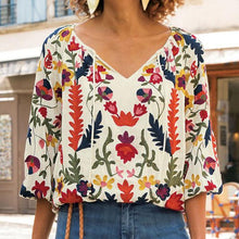 Load image into Gallery viewer, Casual V-Neck Cropped Sleeve Printed Shirt