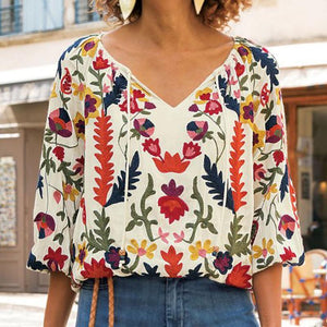 Casual V-Neck Cropped Sleeve Printed Shirt