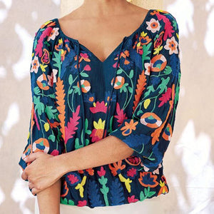 Casual V-Neck Cropped Sleeve Printed Shirt