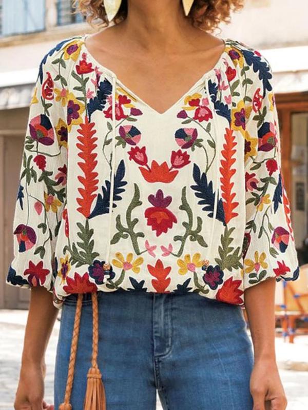 Casual V-Neck Cropped Sleeve Printed Shirt