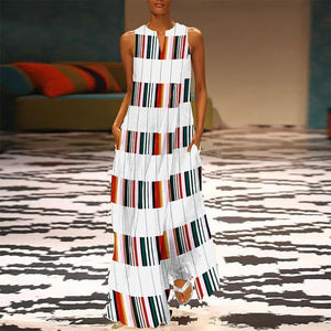 Fashion V Neck Colorful Striped Casual Maxi Dress