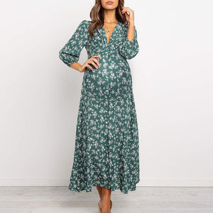 Maternity Casual Printed V-Neck Long-Sleeved High Waist Chiffon Dress