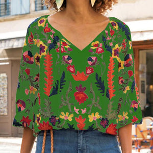 Casual V-Neck Cropped Sleeve Printed Shirt