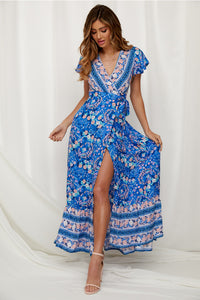 Big Pendulum V-Neck Beach Holiday Tie Printing Vacation Maxi Dress