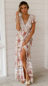 Big Pendulum V-Neck Beach Holiday Tie Printing Vacation Maxi Dress