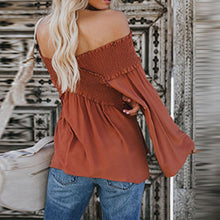 Load image into Gallery viewer, Elastic Off Shoulder Long Flare Sleeve Plain Pleated Loose T-Shirts