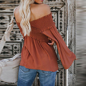 Elastic Off Shoulder Long Flare Sleeve Plain Pleated Loose T-Shirts