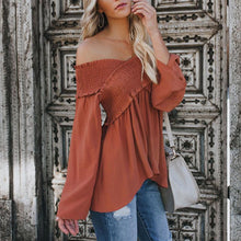 Load image into Gallery viewer, Elastic Off Shoulder Long Flare Sleeve Plain Pleated Loose T-Shirts