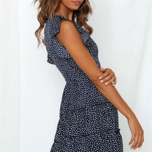 Short-Sleeved Ruffled V-Neck Dot Print Mini Dress