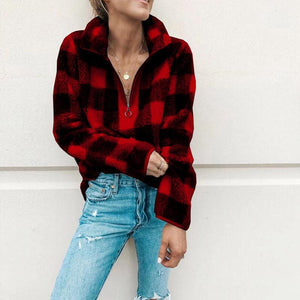 Fashion Plaid Long Sleeve Turtleneck Zip Sweatshirt