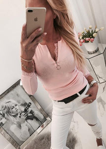 Casual Lace Splicing Zipper Collar Long Sleeves T-Shirt