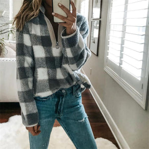 Fashion Plaid Long Sleeve Turtleneck Zip Sweatshirt