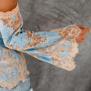 Halter  Patchwork  Lace  Bell Sleeve  Blouses