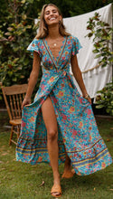 Load image into Gallery viewer, Big Pendulum V-Neck Beach Holiday Tie Printing Vacation Maxi Dress