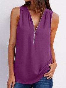 V Neck  Zipper  Plain  Vests Shirt