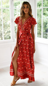 Big Pendulum V-Neck Beach Holiday Tie Printing Vacation Maxi Dress