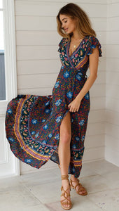 Big Pendulum V-Neck Beach Holiday Tie Printing Vacation Maxi Dress