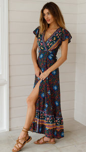 Big Pendulum V-Neck Beach Holiday Tie Printing Vacation Maxi Dress